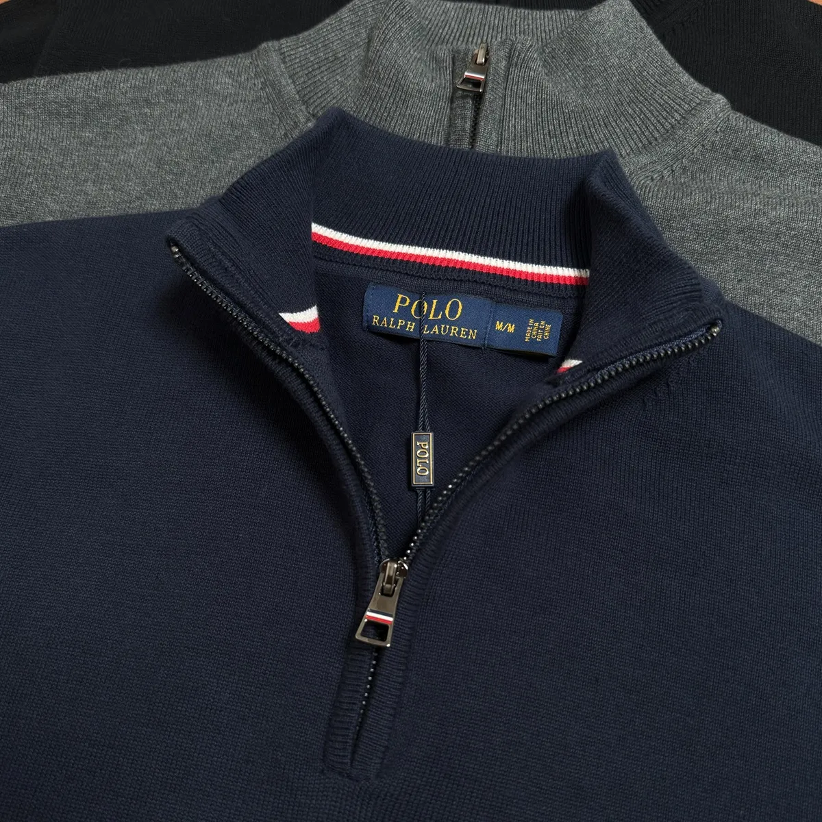 P210 M301#Ralph Lauren Pony Stand Collar Half-Zip Sweater Color: Black Royal Blue Gray Size: M-XXL